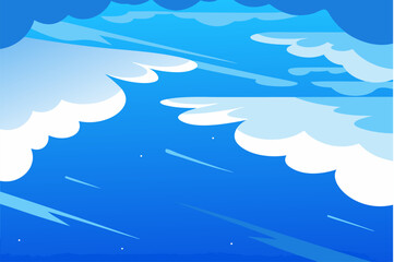 Abstract vector illustration of angel wings against a blue sky and cloud background, with a seamless ocean wave pattern