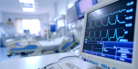 Fototapeta premium Cardiac Monitor in Modern Hospital Room | Heartbeat Display on ICU Equipment | Medical Technology in Patient Care Unit 