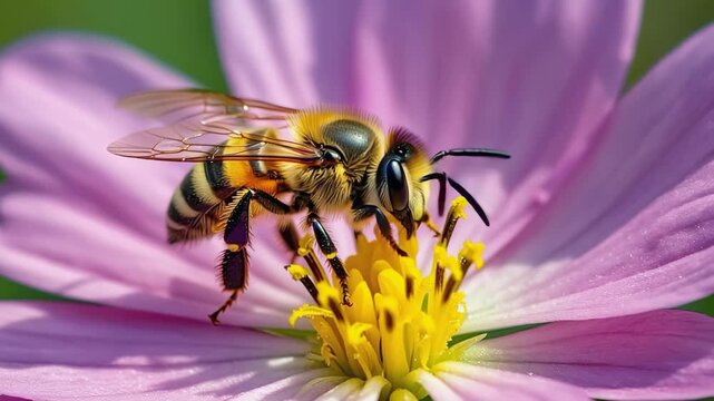 Close-up image of a bee gathering nectar from a blooming pink flower in bright sunlight, with high detail of wings and fuzzy body, representing pollination, biodiversity and beauty of spring wildlife