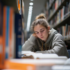 Young woman studying library, focused, casual clothing, surrounded by books, academic atmosphere