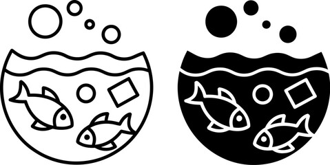 Two-toned vector icons: fish in a bowl with bubbles and geometric shapes; minimalist, playful, aquatic, and clean design.