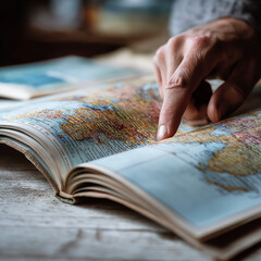 Finger pointing at colorful world map in open atlas book, travel planning on rustic wooden table
