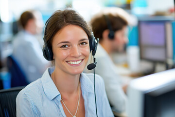 Smiling woman headset customer service office support professional communication
