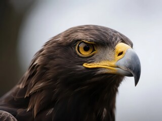 Naklejka premium An eagle with dark - brown feathers on its head and a sharp look in its eyes is presented in a close - up shot, with a light - toned and blurred background highlighting its majestic expression.