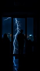 Lightning storm cityscape view apartment window silhouette dramatic weather photography