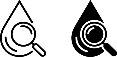 Water Drop Analysis: Line Art and Solid Icon Set; Magnifying Glass; Research; Investigation; Purity; Quality Control