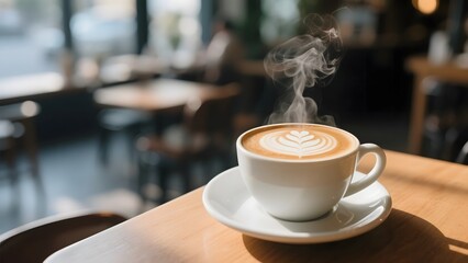 Steaming Cup of Coffee with Latte Art on a Wooden Table in a Cozy Cafe