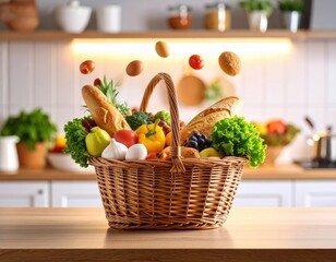 Fresh and Healthy Food Basket on Kitchen Countertop with Floating Ingredients