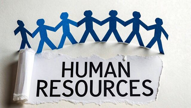 Human resources concept with blue paper cut-out figures and label on torn white paper background