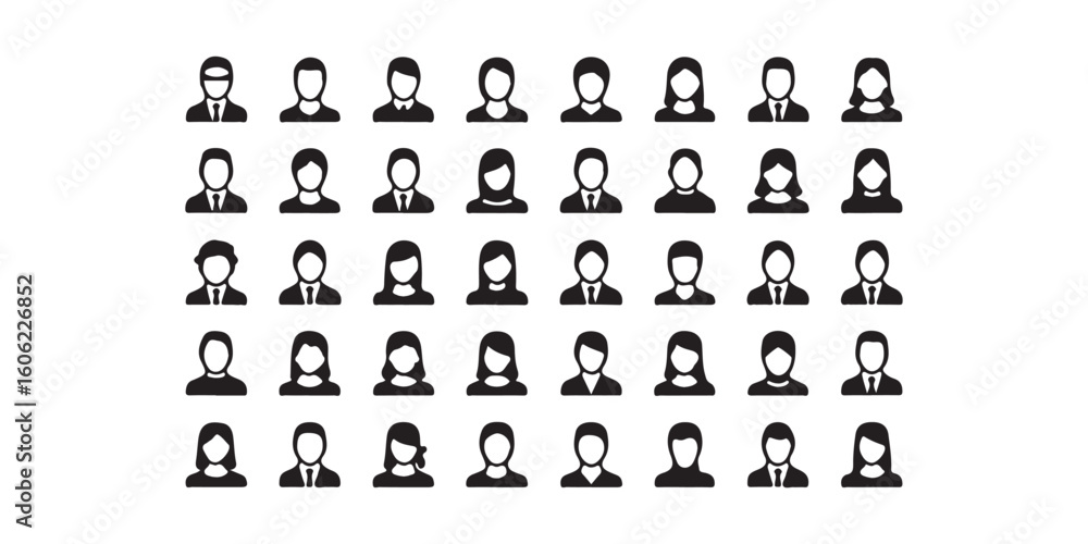 Aufkleber a collection of black and white user icons arranged in rows and columns on a white background