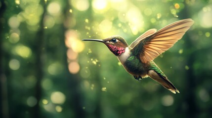 Colorful hummingbird in mid-flight with blurred wings hovering in front of vibrant green forest background during daylight




