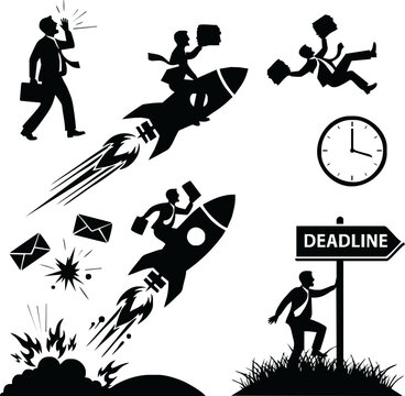 Businessmen racing towards deadlines on rockets, amidst exploding emails and time pressure.