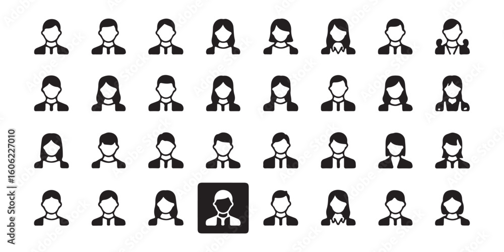 Aufkleber a grid of black and white user icons with a highlighted selected user in a square block icon