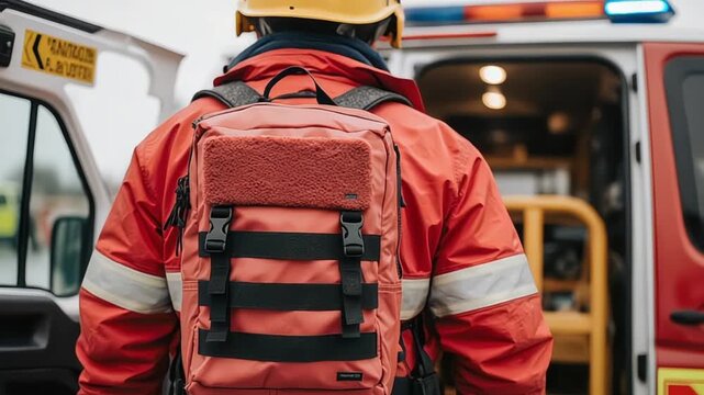 Emergency responder with backpack stands near ambulance ready for action outdoors