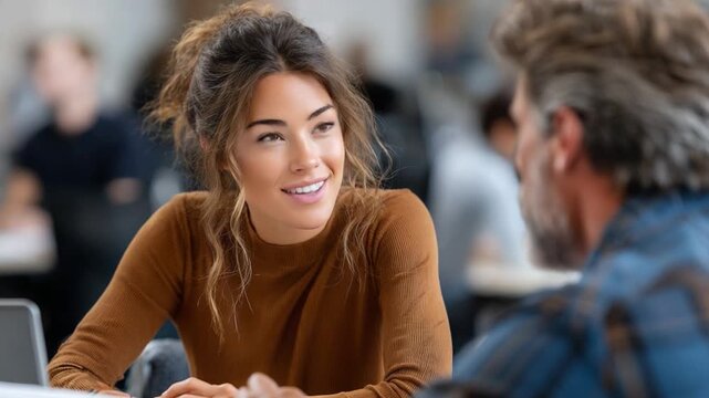 Engaging Conversation: A candid shot of a woman attentively listening, capturing the essence of communication, and the value of an interaction.