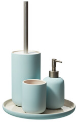 Set of cleaning brushes and storage bottles in the bathroom cut out isolated transparent background