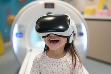 Smiling Girl Wearing Virtual Reality Headset in Medical Facility