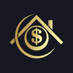 Golden dollar sign inside a house roof shape with curved lines on dark background money currency