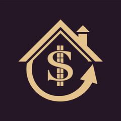 Golden dollar sign inside house silhouette with upward arrow on dark background money currency