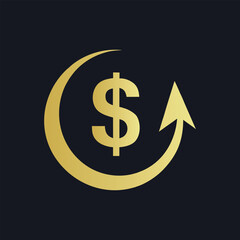 Golden dollar sign with upward arrow and circular motion on dark background currency money