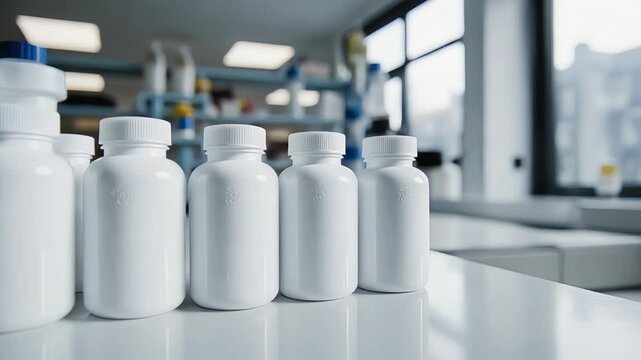 Row of white plastic bottles on a laboratory counter in a clean room setting