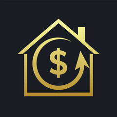 Golden house outline with dollar symbol and circular arrow on dark background home building
