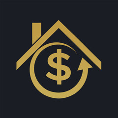 Golden house symbol with dollar sign and circular arrow on dark background home building
