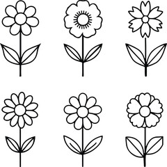 set of different flower line on white background 