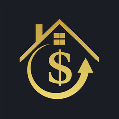 Golden house symbol with dollar sign and upward arrow on dark background home real