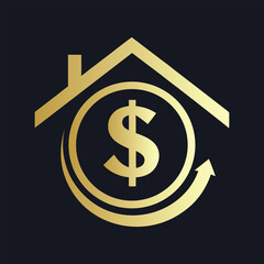Golden house symbol with dollar sign and circular arrow on dark background home currency
