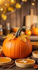 Thanksgiving pumpkin pies on a wooden surface.