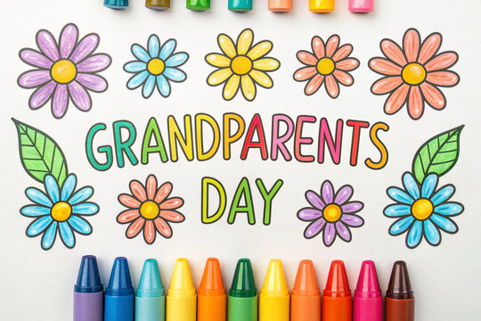 Grandparents Day Greeting Design – Colorful Crayons Border with Bright Flowers and Celebratory Typography - Powered by Adobe