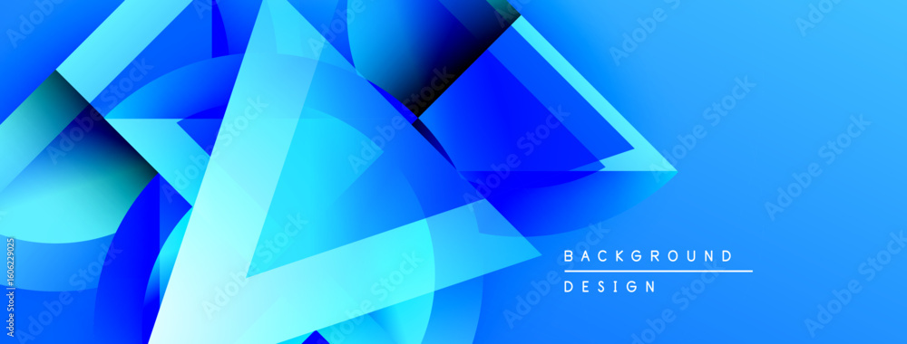 Poster abstract blue shapes overlap, creating dynamic visual effect. gradient colors suggest depth, modern 