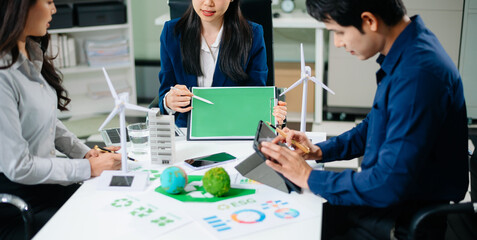 Business team working virtual modern smartphone to reduce CO2 emissions carbon footprint climate...