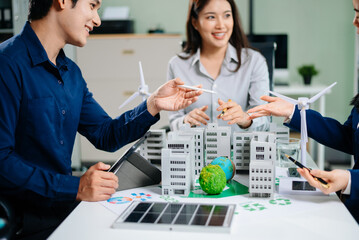 Discussion among businesspeople on the latest developments in solar cell panel technology and Solar...