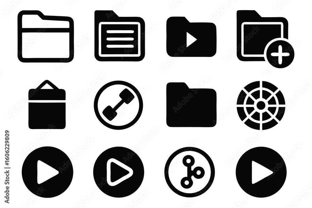 Poster vector art of a set of black vector icons representing file management and media controls