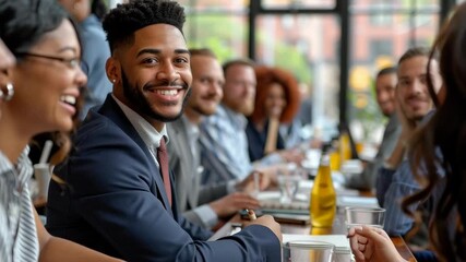 Diverse professionals engage in a lively business meeting, showcasing teamwork and collaboration in a modern office.