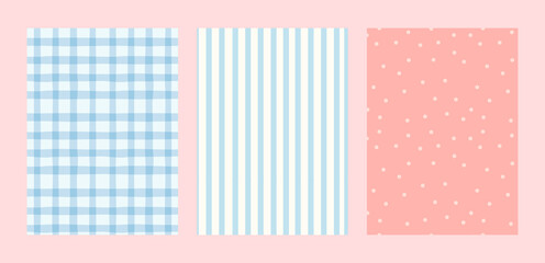 Cute Hand Drawn Set of Pastel Pink & Blue Seamless Pattern Textured Paper Sheets Gingham, Stripes, and Polka Dots. Vector Backgrounds