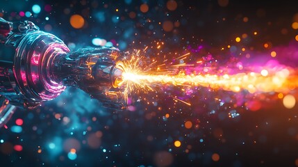 Vibrant energy spray from robotic welding beam with sparks reflection