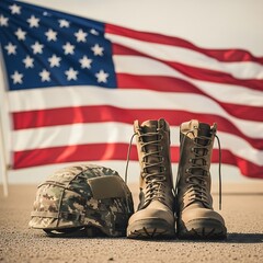 Military boots and helmet placed near an american flag.