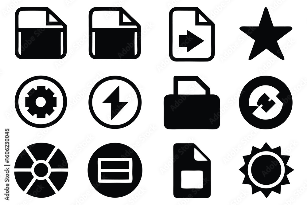 Poster vector art of a set of icons representing files, settings, energy, and various digital functions