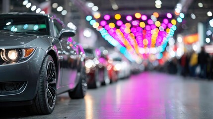 Sleek Car Lined Up at Vibrant Auto Show with Colorful Lights in the Background