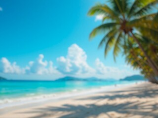 Fototapeta premium Blurry tropical beach scene with palm trees, blue sky, and soft waves. Abstract summer background with warm sunshine and relaxing coastal atmosphere, ideal for vacation and travel themes.