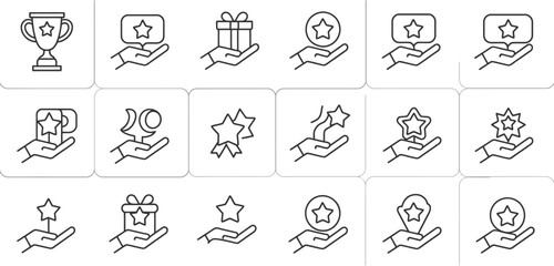 Fototapeta premium Line Art Icons Trophy, Hands, Stars, Moon, Gift Box on Transparent Background