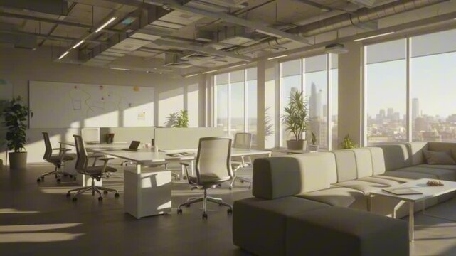 An office space featuring desks chairs a large sectional sofa plants and a cityscape view through large windows