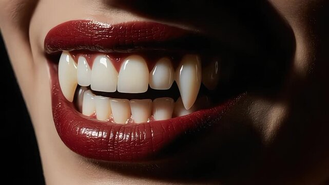 Close-up of a woman's mouth with dark red lipstick and prominent vampire fangs