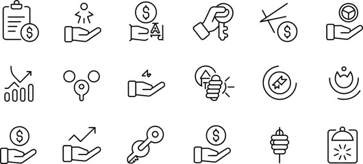 Fototapeta premium Line Icons Set Business, Money, Hand, Graph, Investment, Success, Finance, Light, Key