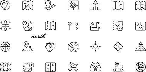 Line Icons of Navigation, Maps, Location, Directional Symbols on White Background