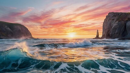 A surreal coastal landscape created with blended watercolors, featuring swirling blue waves crashing into abstract cliffs