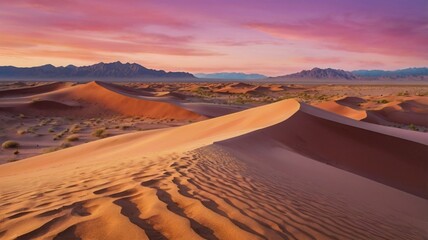 An abstract desert scene painted in watercolor, with flowing sand dunes in warm earth tones — ochre, sienna, and terracotta — blending into a vibrant pink and purple twilight sky.